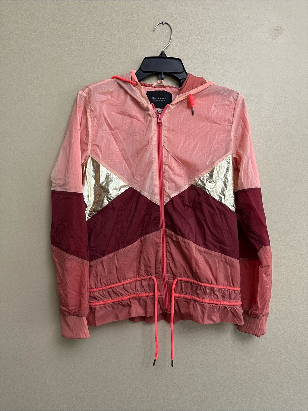 Scotch & Soda Maison Hooded Windbreaker- Colorblock Pink, Gold Maroon
